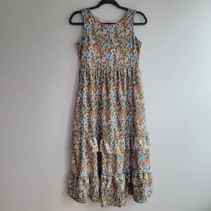 Vintage floral print tiered ruffled maxi dress sleeveless 70s inspired boho hipp
